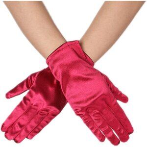 Women's Burgundy Vintage Short Length Satin Fabric Mittens Wrist Gloves Designed